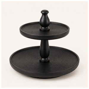 Modern 2-Tier Black Wooden Cake <b>Stand</b> and Tiered Serving Tray with Ribbed Design Table Centerpiece for <b>Cupcakes</b> Desserts - Product Image 4