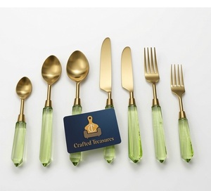 Luxury Style Flatware Set Matte Gold Finish Stainless Steel With Green <b>Acrylic</b> Handle Wedding Tableware Rust Resistant Utensil - Product Image 1