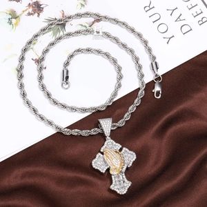 Two Tone Praying Hands Cross Pendant Hip Hop Iced Out Baguette Diamond Crucifix <b>Charm</b> Men Sterling <b>Silver</b> Gold Bling jewelery - Product Image 4