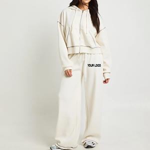 Nouveauté : Ensemble de survêtement 2 pièces en molleton 100% coton avec surpiqûres contrastées, style streetwear hip-hop, jogging ample et sweat à capuche zippé - Product Image 1