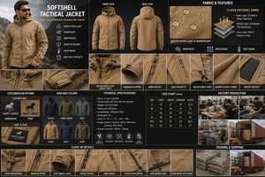 Veste softshell à capuche pour homme, coupe-vent, hydrofuge, style vêtements de travail d'extérieur, coupe régulière, fermeture éclair, couleur beige - Product Image 6