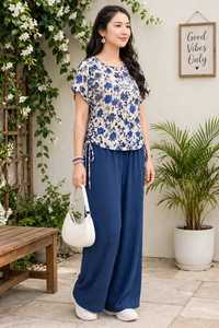 OneTen Apparel <b>Women</b> Summer Floral Print Color Blocking <b>Polo</b> Collar Short Sleeve <b>Top</b> Wide Leg Pants Set Elastic Waist 2-in-1 - Product Image 6