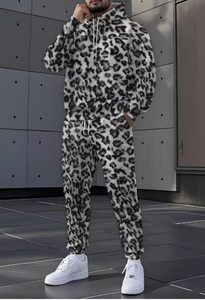Men Leopard Print Hooded <b>Tracksuit</b> Full Length Casual Set Breathable Polyester Autumn Wear Regular Fit With Side Pockets Sports - Product Image 2