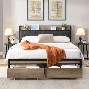 Struttura letto matrimoniale in metallo con imbottitura, contenitore, porta USB, cassetti nel pediera e testiera, senza box. - Product Image 1