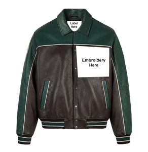 Blouson universitaire en cuir PU pour homme, vert foncé et marron, avec blocs de couleur, brodé, col montant, décontracté, hiver, effet vieilli - Product Image 3