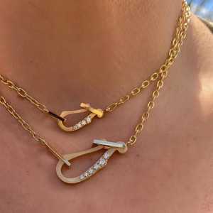 Diamond Charm Holder Necklace Loop Hook Clasp Wholesale 14K 18K Solid Gold 18 Inch Layering Link Pendant Keeper Chain For Women - Product Image 2