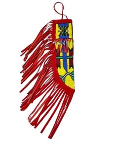 Handmade Beaded Leather Knife Sheath with Red Fringe and Geometric Pattern - Product Image 1