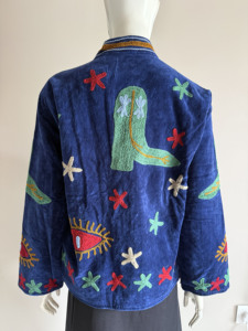 Floral Blue Embroidered Breathable <b>Velvet</b> Blazer Mandarin Collar Full Sleeve Handmade Cotton Lining Women's <b>Jacket</b> - Product Image 3