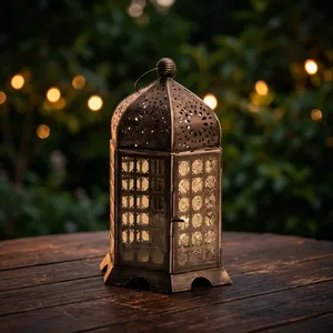 Artisan Design Moroccan Iron and <b>Glass</b> <b>Lantern</b> Candle Holder with Floral Cutouts and Arched Panels for Home Decoration - Product Image 5