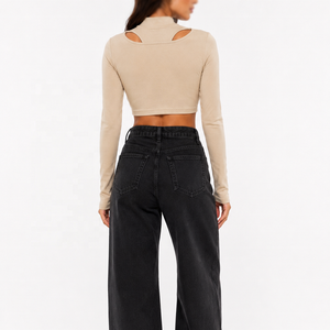 Women's Long Sleeve <b>Mock</b> <b>Neck</b> Cutout Crop <b>Top</b> Stretch Slim Fit Casual Fashion Shirt Soft Fabric Custom Logo Tee women's shirt - Product Image 4