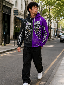 Sweat à capuche squelette noir et violet personnalisé pour homme, style gothique, broderie strass, fermeture éclair, streetwear tendance - Product Image 5