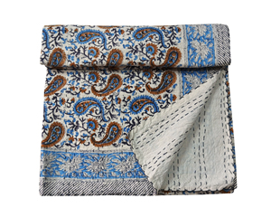 Silkgram Traditional Indigo Cotton Kantha <b>Quilt</b> Blue Floral Hand-Stitched 300tc All-Season Home Decor <b>Throw</b> Cover - Product Image 2