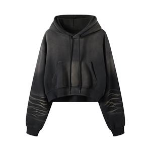 Sudadera con capucha extragrande informal personalizada para mujer, gris liso, de algodón con lavado ácido, corte crop, con cremallera completa, manga larga y cordón, para otoño e invierno - Product Image 3
