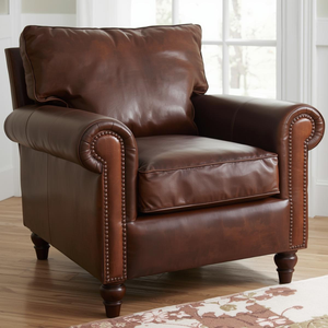 Sillón de Cuero Vacuno Genuino de Lujo, Sillón Tapizado con Diseño Clásico de Brazos Enrollados y Adornos de Tachuelas, Muebles Premium para el Hogar - Product Image 1