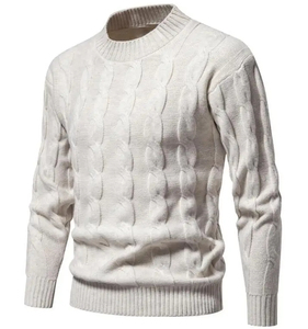 Pull en acrylique tricoté pour homme, couleur unie, col rond, manches longues, épais, coupe classique, ourlet et poignets côtelés - Product Image 3