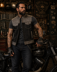 Men's Custom Crocodile Pattern Leather Motorcycle <b>Vest</b> <b>Denim</b> Style Stand Collar Biker <b>Vest</b> With Pockets OEM - Product Image 1