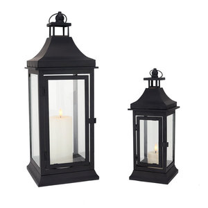 Modern Matte Black Metal Candle <b>Lantern</b> <b>Set</b> of 2 Clear Glass Hanging <b>Lantern</b> for Home Wedding Patio Decor - Product Image 1