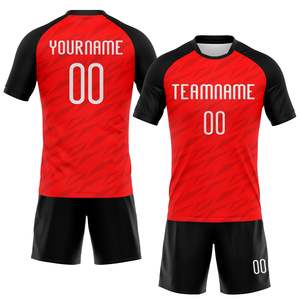 ชุดเสื้อฟุตบอลแบบซับลิเมชั่นสั่งทำ OEM สีแดงดำ พร้อมชื่อทีมและหมายเลข ระบายเหงื่อได้ดี เหมาะสำหรับผู้ใหญ่ทุกเพศ - Product Image 1