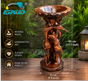 Bain d'oiseaux en bois sculpté artisanal GKD, 45 cm, finition naturelle, autoportant, décoration traditionnelle pour la maison, ornement de jardin - Product Image 2