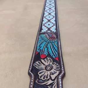 Ceinture en cuir pleine fleur véritable, ornée de fleurs perlées et de motifs faits à la main, style western, pour homme et femme, avec boucle en alliage de zinc bleue et perles cousues. - Product Image 1