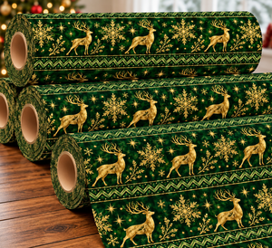 Tissu en coton métallisé tissé à motif renne et flocon de neige vert pour la couture de Noël - Product Image 2
