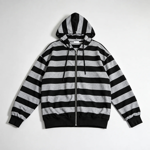 Sweat-shirt à capuche unisexe rayé à fermeture éclair noir et gris à manches longues décontracté - Product Image 1