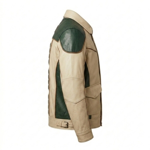 Premium Retro Green Beige Color Block Leather Motorcycle Jacket Men <b>Padded</b> Biker <b>Coat</b> Custom Moto Racing Outerwear Darkry - Product Image 3