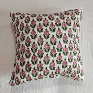 Bohemian Floral Block Printed Voile Cotton Square Home Decor Cushion & <b>Throw</b> Pillow Cover with Pleated Quilted Design - Product Image 1