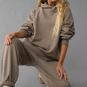 Sweat-shirt à capuche surdimensionné pour femme, marron uni, mélange de coton, tricoté, manches longues, vêtements décontractés d'automne - Product Image 5