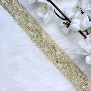 Encaje de lujo con bordado de pedrería, cinta con cuentas pesadas, ribete étnico nupcial, encaje brillante con pedrería para vestidos - Product Image 3