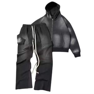 Conjunto de Sudadera con Capucha y Cremallera Estilo Cargo con Lavado Ácido Negro para Hombre, Chaqueta de Forro Polar Vintage y Pantalones Jogger Acampanados, Atuendo Urbano de Invierno - Product Image 1