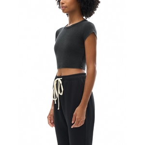 T-shirt court noir ajusté pour femme, à manches courtes, en coton délavé vintage, basique et décontracté, vente en gros - Product Image 4