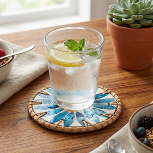 Rattan <b>Coaster</b>, Artisanal Woven Round <b>Drink</b> Mat with Blue Sunflower Mother of Pearl Inlay for Coffee Table, Dining & Bar Decor - Product Image 2