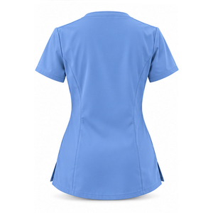 เสื้อสครับสีฟ้าอ่อนสำหรับผู้หญิง แบบใช้ซ้ำได้ คอวี แขนสั้น ผ้าสแปนเด็กซ์/โพลีเอสเตอร์ สำหรับตรวจวัดด้วยเครื่องมือ  ชุดยูนิฟอร์มโรงพยาบาล - Product Image 4