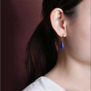 Boucles d'oreilles pendantes en argent pur plaqué or avec lapis-lazuli naturel en forme de goutte d'eau géométrique exquise – Cadeau - Product Image 4