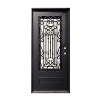 Porte d'entrée en fer forgé résistant à la rouille, facile à assembler, avec un panneau en verre cintré et un motif complexe.