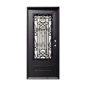 Puerta de entrada de hierro forjado resistente al óxido, fácil de montar, con un panel de vidrio arqueado y un diseño con motivos intrincados. - Product Image 2