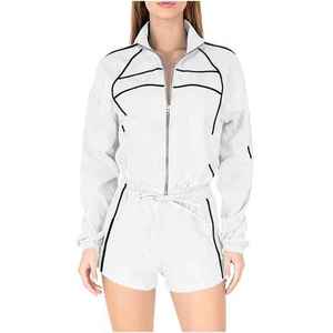 Ensemble de survêtement sportif deux pièces blanc pour femme avec fermeture éclair et bordure noire, short et veste amples, tenue décontractée printemps-été - Product Image 2