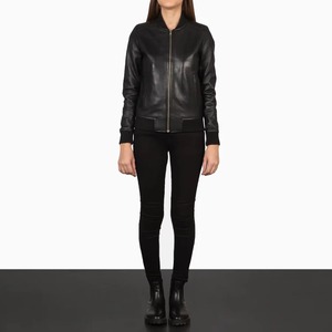 Chaqueta Bomber de Cuero Genuino para Mujer, Manga Larga, Cuello Alto, Cierre de Cremallera, para Otoño, Color Sólido, Corte Regular - Product Image 6