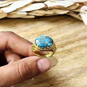Hot Selling Boho Turquoise <b>Ring</b> Ethnic Brass <b>Rings</b> Women 18k Gold Plated Vintage Filigree Jewelry <b>Statement</b> Band Wholesale/OEM - Product Image 6