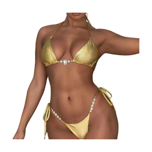 Golden Metallic <b>Bikini</b> Set 2 Piece Halter Top Tie Side Bottom <b>Rhinestone</b> Decoration Stretch Fit Women Swimwear - Product Image 1