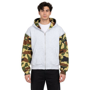 <b>Men's</b> Oversized Fleece 100% Cotton <b>Grey</b> Camouflage Pullover Hoodie Streetwear Hooded <b>Sweatshirt</b> with Pockets - Product Image 1