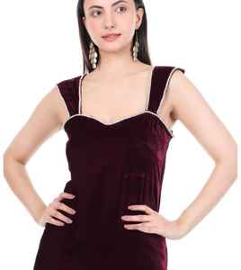 Robe longue en velours bordeaux de luxe moderne |   Robe de soirée élégante longue jusqu'au sol |   Robe en velours sans manches avec bretelles ornées - Product Image 5