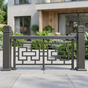 Rampe de balcon moderne en métal noir avec panneaux à motif carré géométrique et poteaux robustes pour la sécurité des terrasses résidentielles - Product Image 2