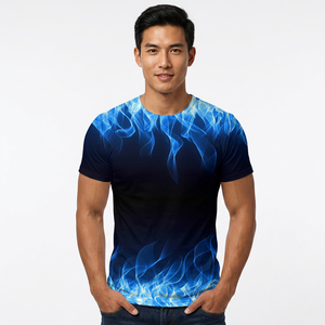 Men's Blue <b>Flame</b> Print T-<b>Shirt</b> O-Neck Short Sleeve Slim Fit Casual Wear Breathable Knitted Polyester Graphic Tee - Product Image 5