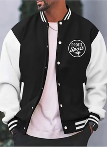 Profit <b>Sport</b> Unisex <b>Black</b> White <b>Jacket</b> Embroidered Logo Front Casual Winter Regular Fit Wool/Leather Material Windproof - Product Image 4