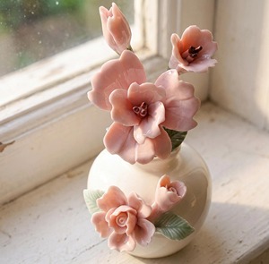 Vase à fleurs en porcelaine avec roses en céramique roses, style shabby chic, décoration de table, finition émaillée, 8-16 pouces - Product Image 2