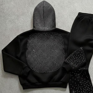 Sudadera con capucha corta con cremallera de felpa 100% algodón negra personalizada, adornos de pedrería, corte holgado oversize, acabado lavado ácido - Product Image 5