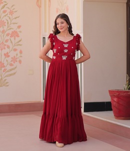 Robes Anarkali indiennes ethniques en tissu Faux Blooming avec broderies de perles multicolores et sequins, robes de mariage. - Product Image 1