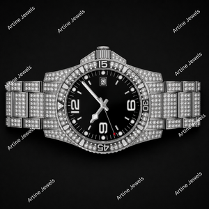 <b>Black</b> Dial Diamond Iced Out Luxury <b>Watch</b> Silver Stainless Steel Bracelet Men’s Fashion Timepiece - Product Image 2